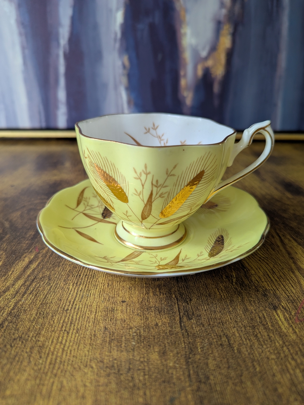 Vintage 1950s Bone China Tea Cup & Saucer Set Yellow Gold Wheat Pattern England